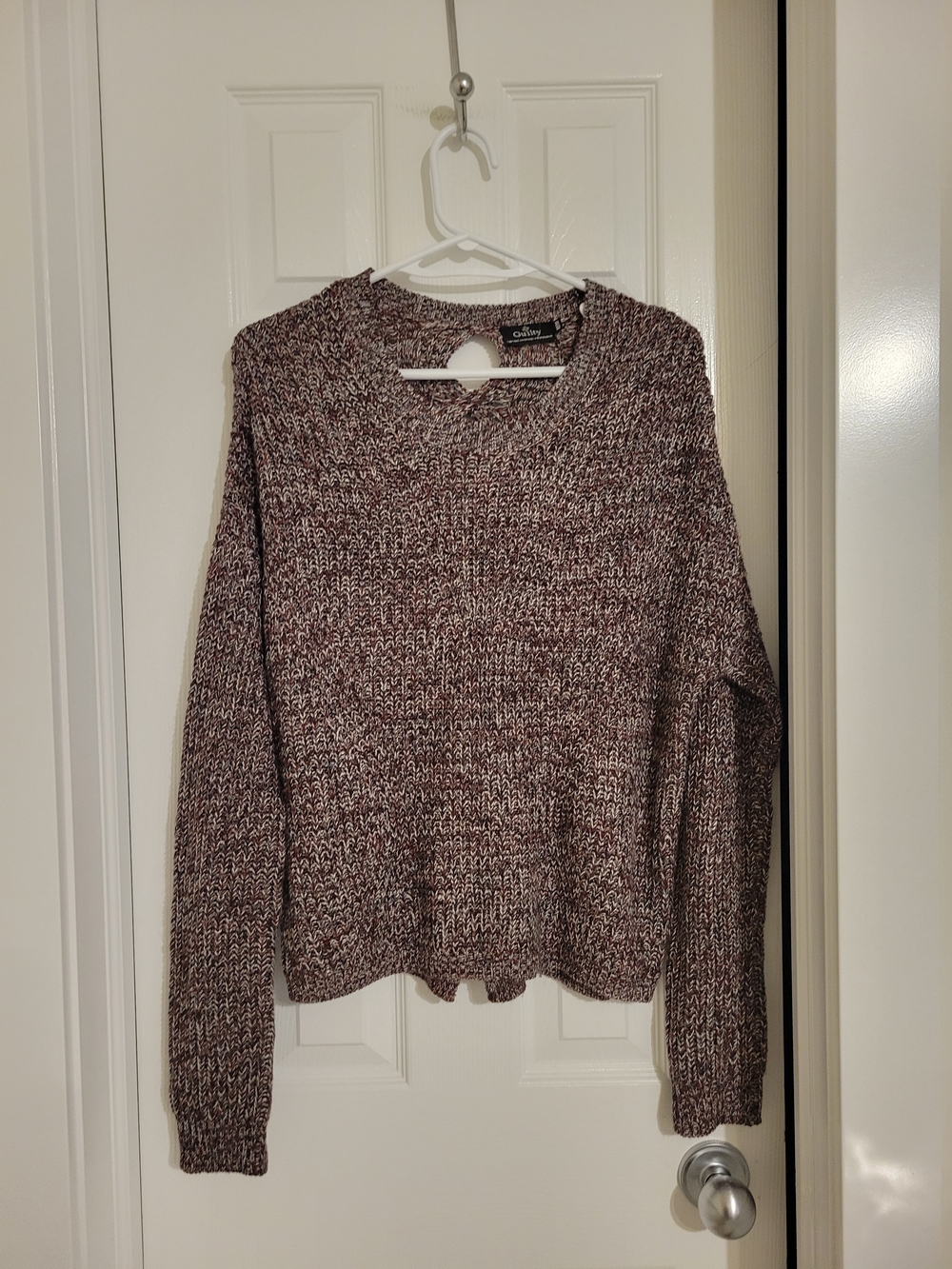 Textured Marled Crewneck Sweater - Burgundy/White